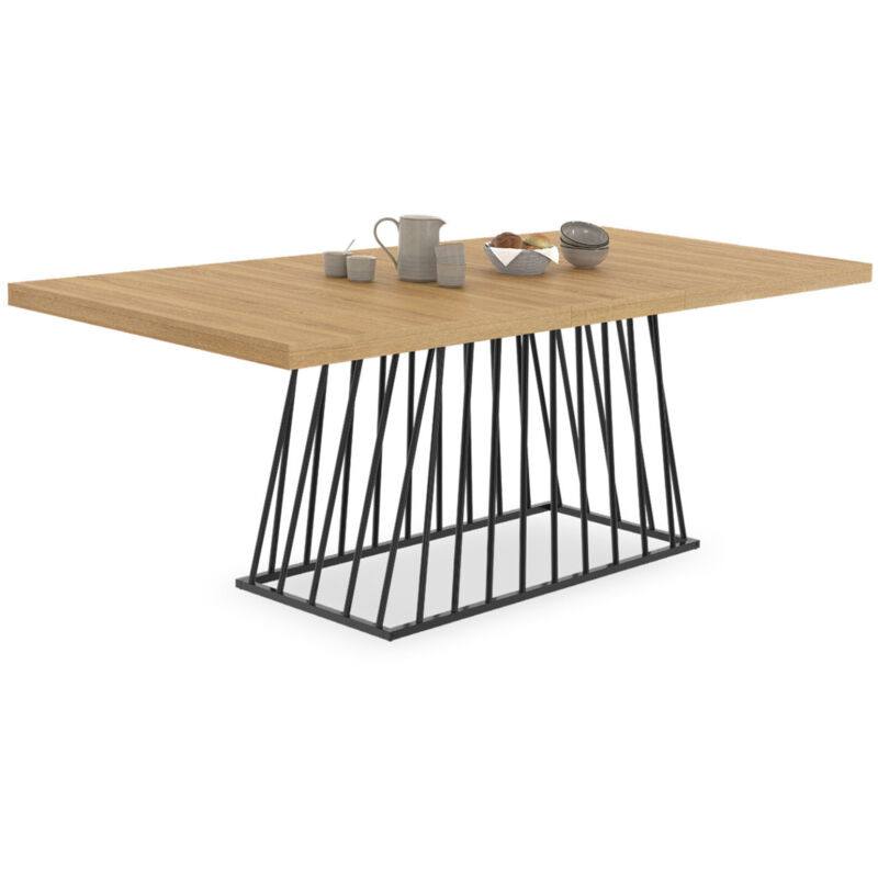 Table à manger extensible rectangle 160-200 cm 6-10 personnes plateau bois et pied filaire en métal noir
