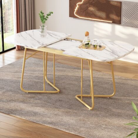 Table à manger extensible rectangulaire Plateau à motif marbre 80cm pieds métal doré luxe