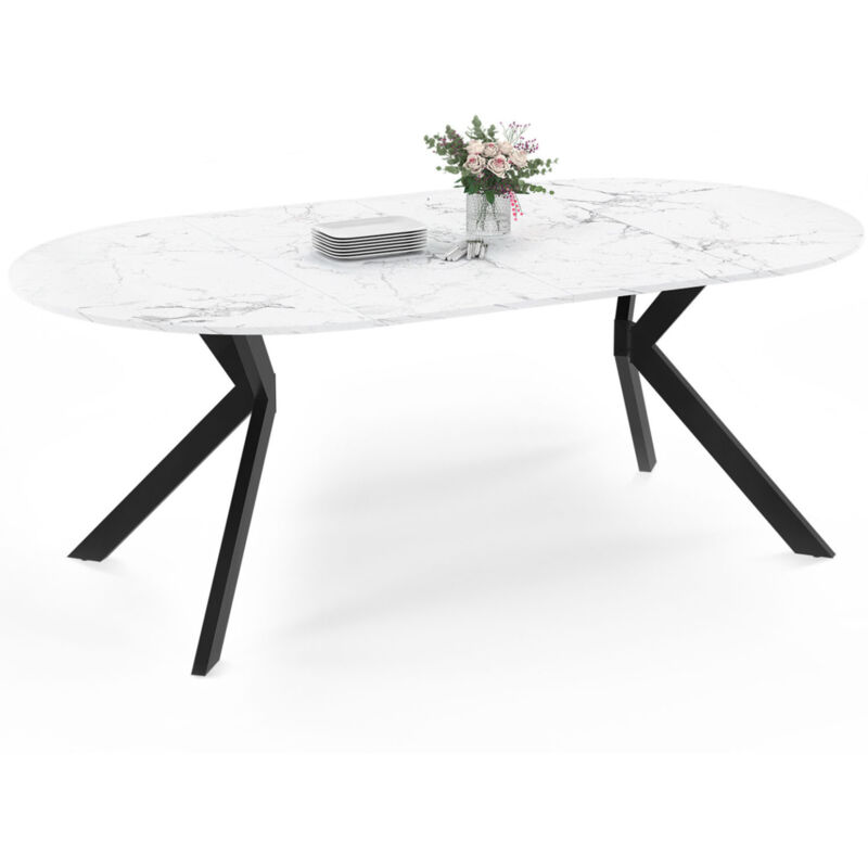 Table à manger extensible ronde 4-10 personnes pied araignée noir plateau effet marbre blanc 110-200 cm