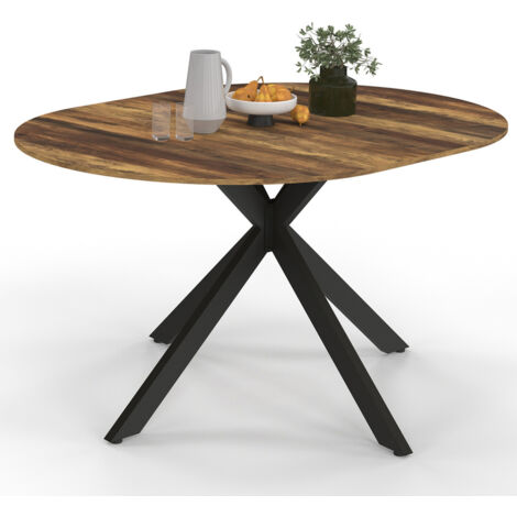 Table à manger extensible ronde ALIX 6-8 personnes pied araignée bois foncé effet vieilli et noir HAWKINS 110-150 cm