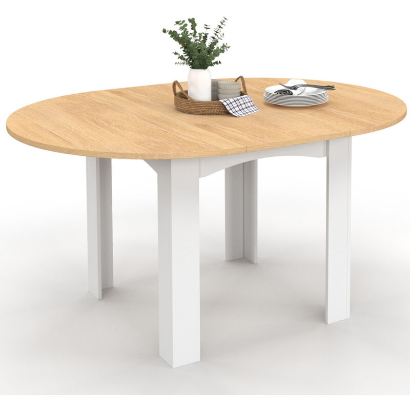 Table à manger extensible ronde en bois 110-150 cm 4-8 personnes plateau façon hêtre