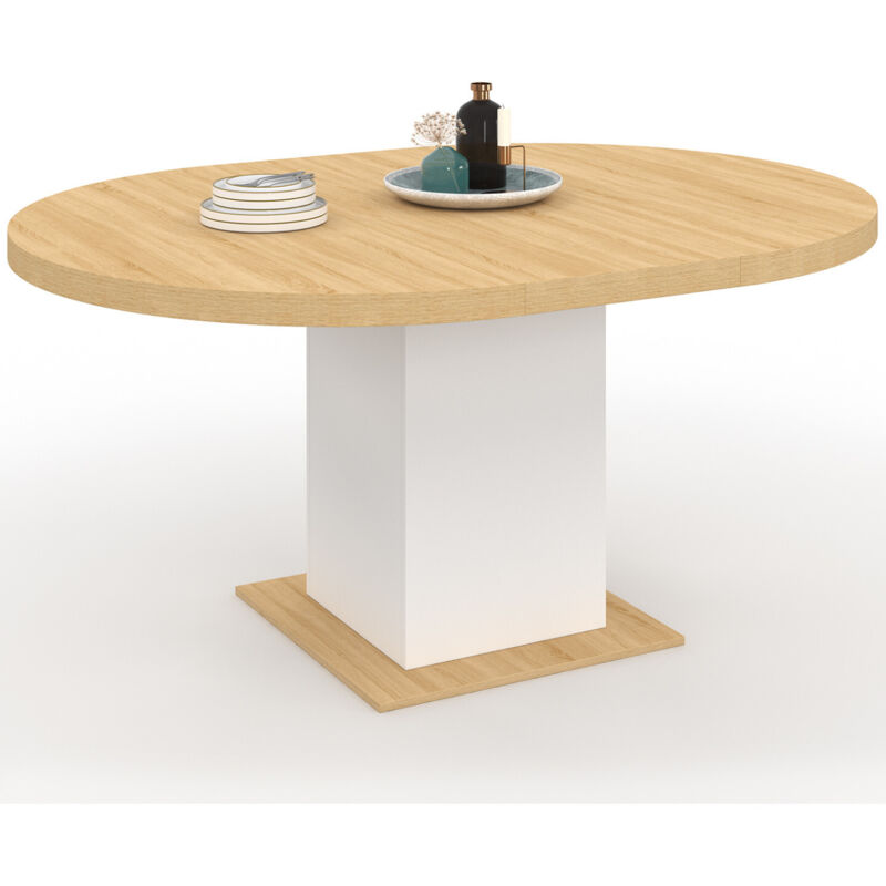 Table à manger extensible ronde 120-160 cm 4-8 personnes bois et blanc