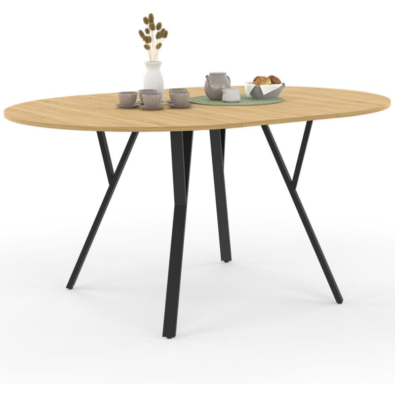 Table à manger ronde extensible 110-150 cm 4-8 personnes bois et noir design industriel