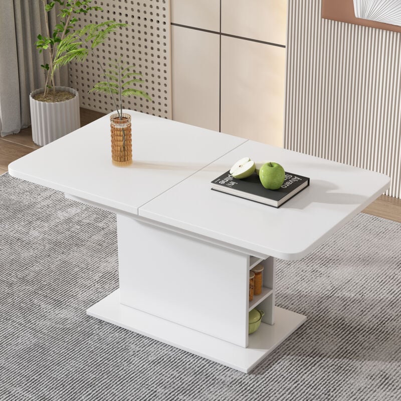 Table à manger extensible moderne avec rangement, table basse rectangulaire décontractée, Blanc