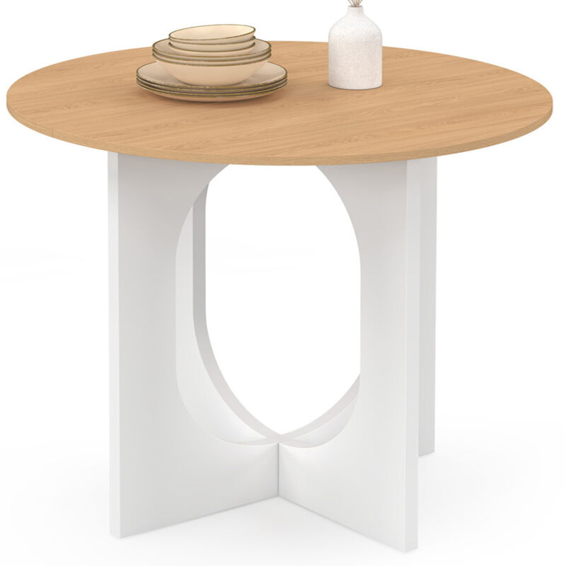 Table à manger fixe ronde ALOISE 4 personnes pied arc blanc et bois 80 cm