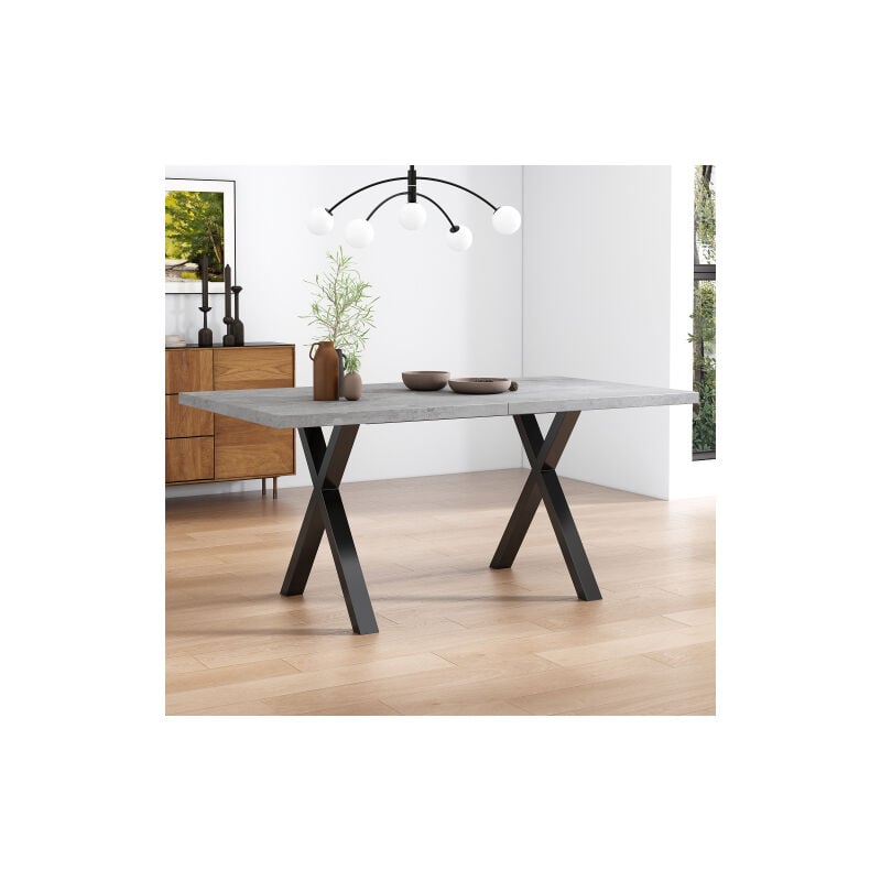 Wishdor - Table à manger gris, table à manger rectangulaire, design pieds croisés noirs, plateau aspect béton, 140x80x76 cm