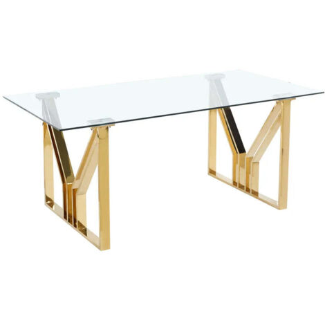 Homy France – Table de salle à manger en verre trempé transparent – Piétement en acier or – 180 cm pour 6 à 8 couverts – Design moderne et épuré