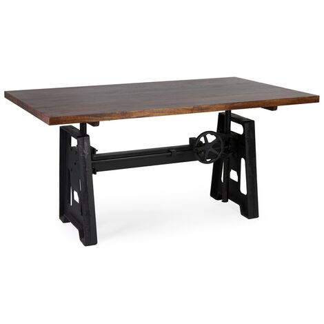 Table à manger industrielle hauteur réglable fer noir et bois de manguier marron Kouba 160cm