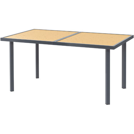 Table à manger jardin 6 personnes, plateau effet bois acier 150x90x72 cm naturel