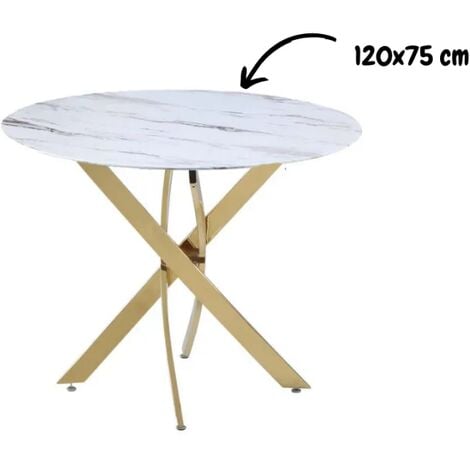 HOMY FRANCE Table à manger JESSICA XXL Gold verre effet Marbre Blanc 120 cm