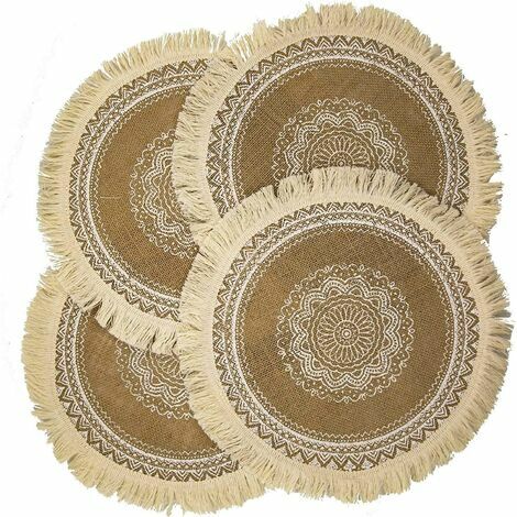 Table à manger Lot de 4 sets de table ronds pompon Boho assiette napperons de table ferme toile de jute macramé