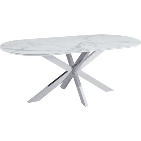 HOMY FRANCE Table à Manger MANON – Chrome & Céramique Marbre Blanc – 200x90 cm