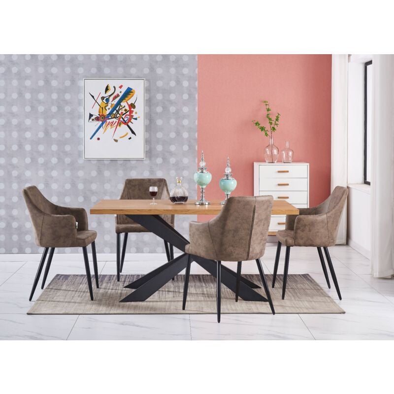 Ensemble de salle à manger Duke LUX Zarah - une table à manger en bois de chêne et un ensemble de 4 chaises de salle à manger en cuir marron clair