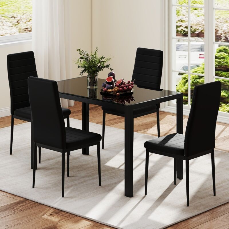 Table à Manger Moderne 120cm pour 4 Personnes Table de Cuisine Rectangulaire avec Plateau en Verre Cadre en Métal Robuste Noir