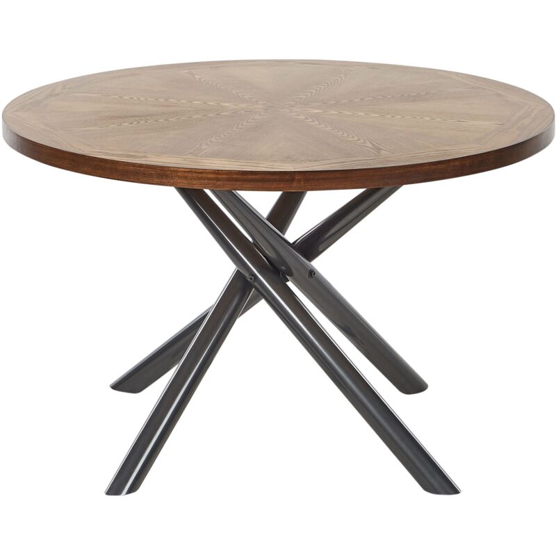 Beliani - Table à Manger Moderne 4-6 Places Pieds Croisés en Métal Gris ⌀ 120 cm Plateau Rond mdf Bois foncé Lorenzo