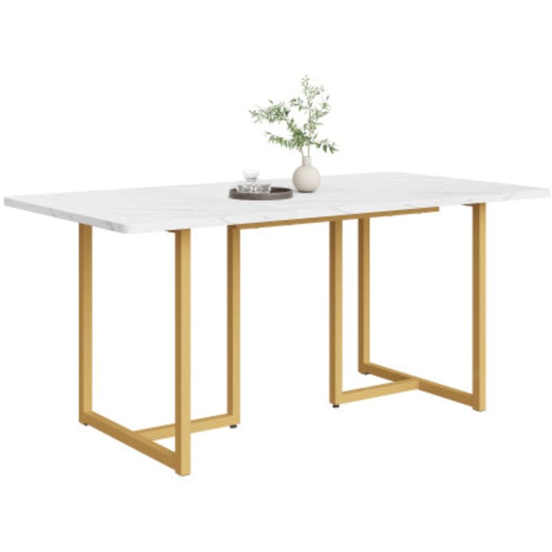 Arturesthome - Table à manger moderne - Motif en marbre blanc, pieds en métal en forme de l - Accents dorés