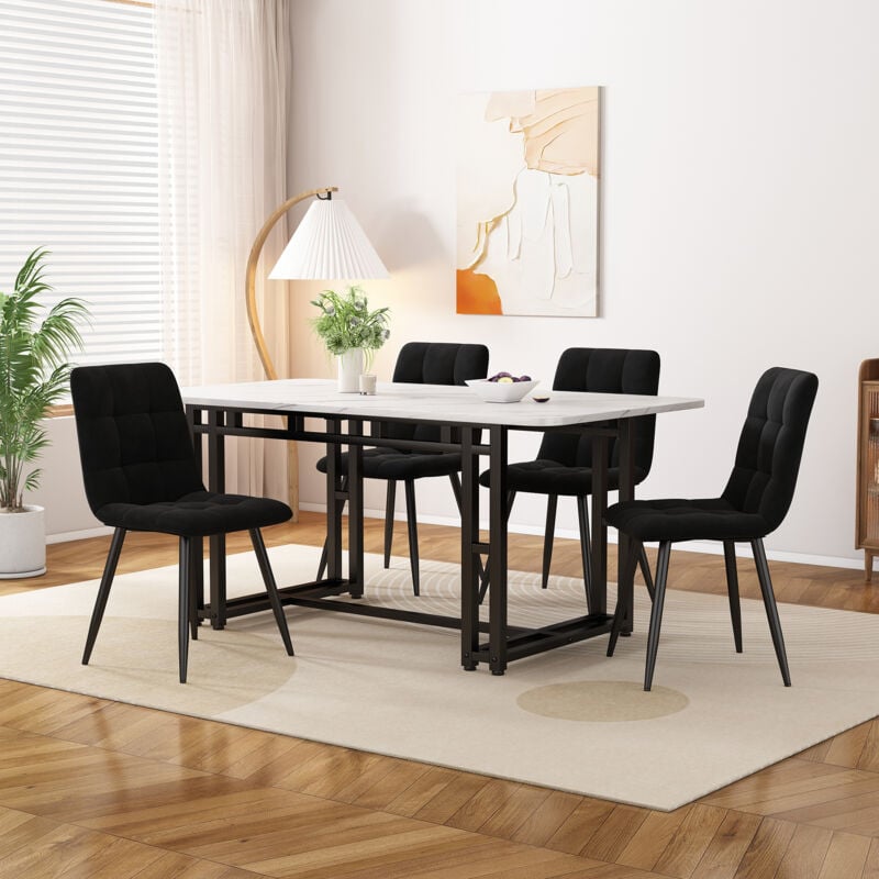 Ensemble table à manger, avec 4 chaises, 120 x 70 cm, chaises en tissu noir, pieds en fer noir