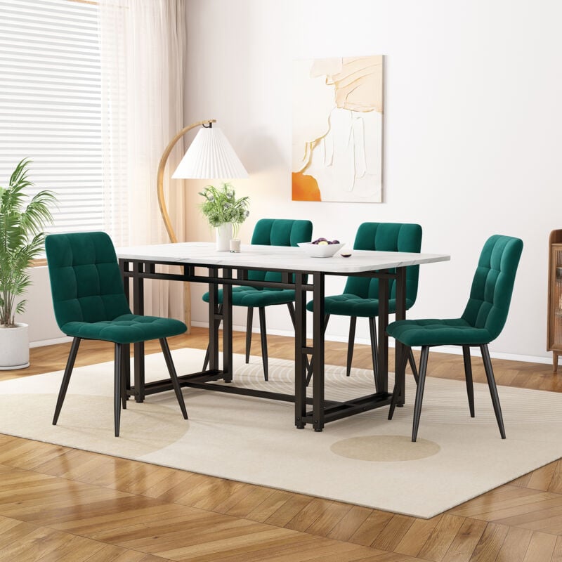 Table à manger noire 120x70 cm avec 4 chaises, ensemble de table à manger de cuisine moderne, chaises de salle à manger en velours vert foncé, table