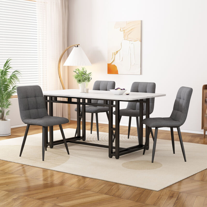 Table à manger noire 120x70cm avec 4 chaises, ensemble de table à manger de cuisine moderne, chaise de salle à manger en lin gris foncé, table à