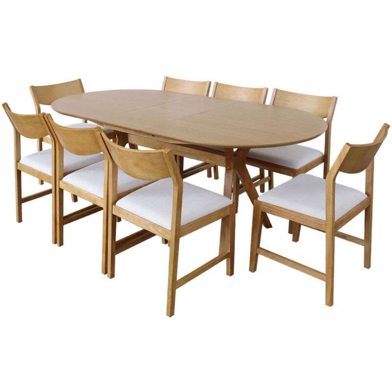 Sweeek - Table à manger oblongue extensible. 160-200cm + 8 chaises en bois d'hévéa et tissu beige