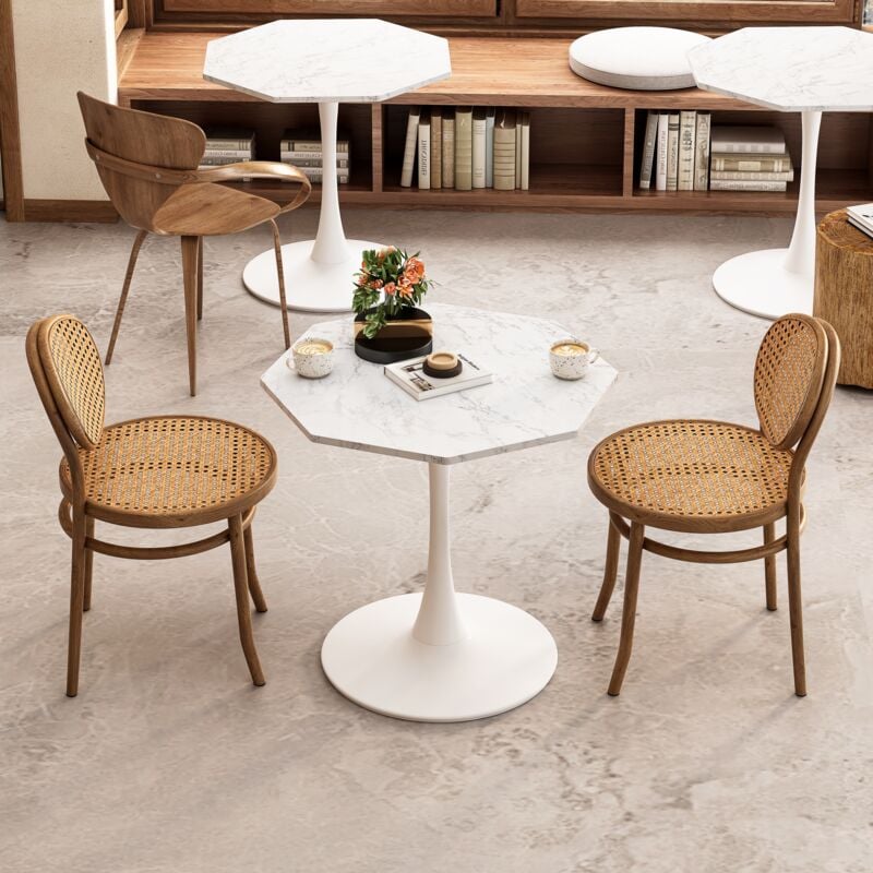 Table à manger octogonale de 80 cm avec avec plateau en marbre blanc imprimé et base en métal, adaptée pour salle à manger, cuisine, salon - Blanc