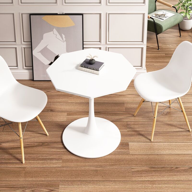 Table à manger octogonale de 80 cm avec plateau en mdf et base en métal, adaptée pour salle à manger, cuisine, salon - Blanc