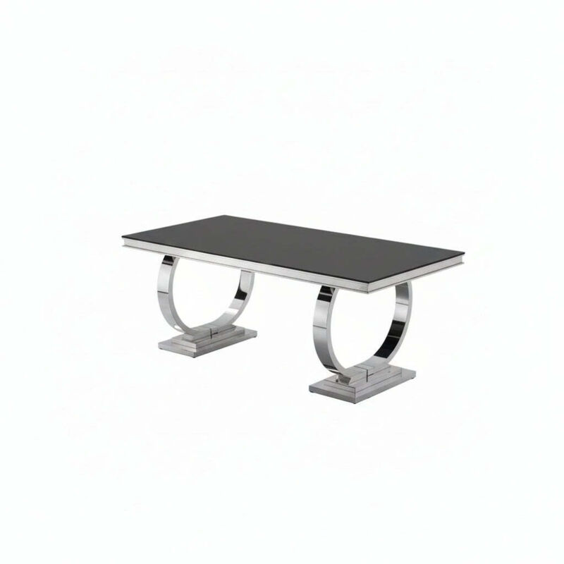 Table à Manger Rectangulaire Verre Noir & Acier Chrome – 180×90×75 cm – 6/8 Personnes – OMEGA