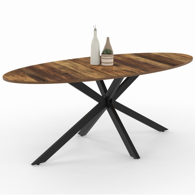 Table à manger ovale 10 personnes 200 cm pied araignée noir et plateau bois foncé
