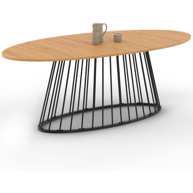 Table à manger ovale yuna 10 personnes plateau bois et pied filaire en métal noir 200 cm