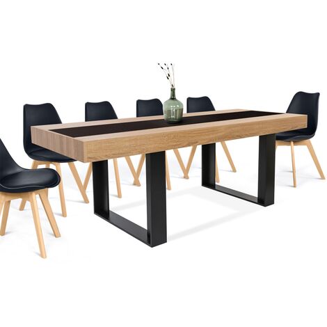 Table à manger PHOENIX 10 personnes bois et noir bande centrale noire 225 cm - Bois-clair