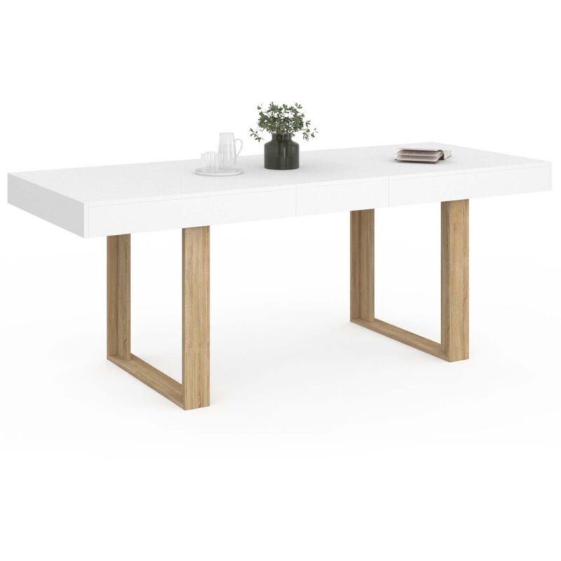 Table à manger extensible rectangle phoenix 4-8 personnes blanc pieds bois 160-200 cm