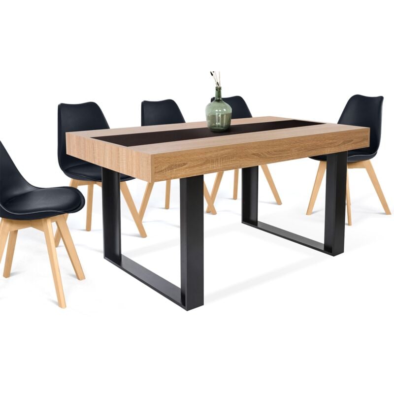 Table à manger rectangle phoenix 6 personnes bois et noir bande centrale noire 160 cm