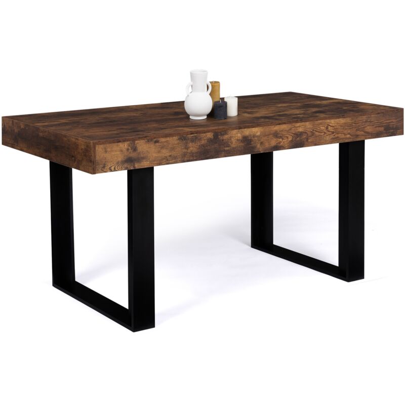 Table à manger rectangle PHOENIX 6 personnes bois effet vieilli et noir 160 cm