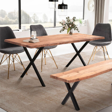 Table à manger pieds croix 160x80x76 cm en acacia naturel et métal