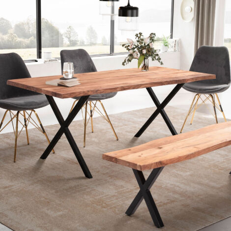 Table à manger pieds croix 200x100x76 cm en acacia naturel et métal