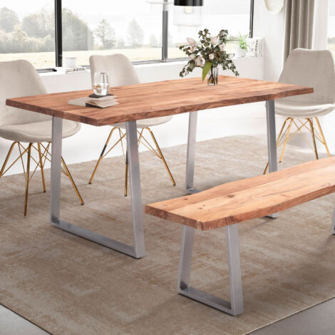 Table à manger pieds U 180x90x76 cm en acacia naturel et métal chromé