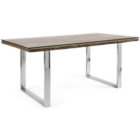 Table à manger plateau bois massif recyclé et verre trempé sur pieds acier chromé Stany 180cm