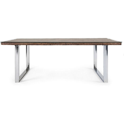 Table à manger plateau bois massif recyclé et verre trempé sur pieds acier chromé Stany 220 cm