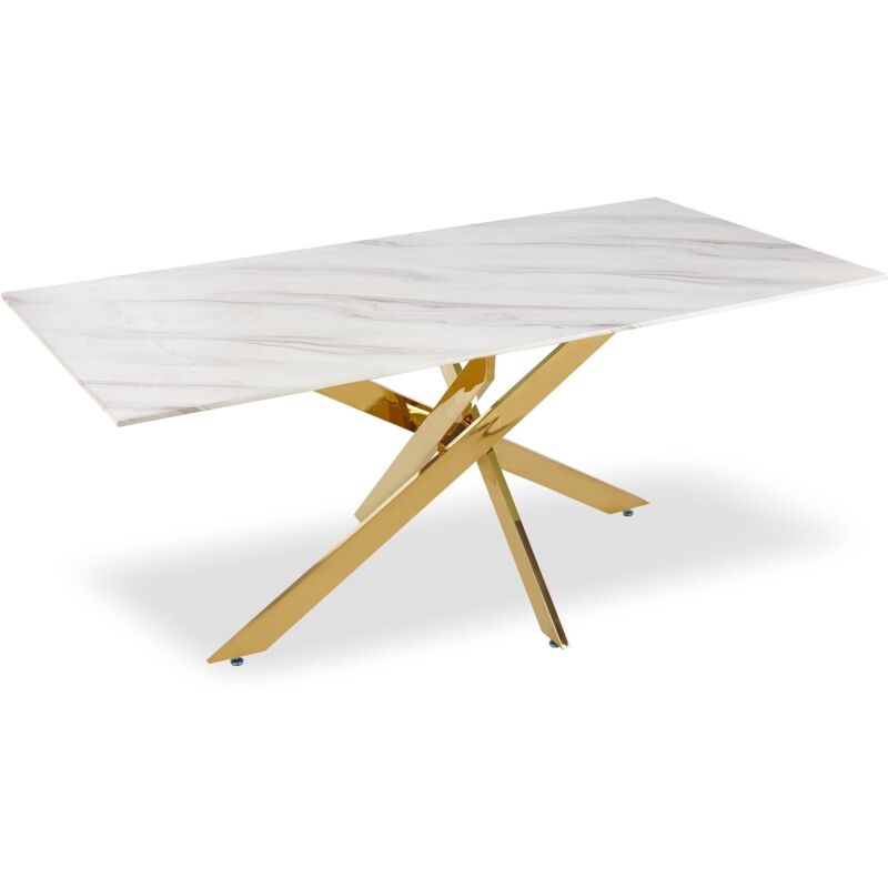 Cotecosy - Table à manger Naelle en Verre effet Marbre Blanc et pieds Or