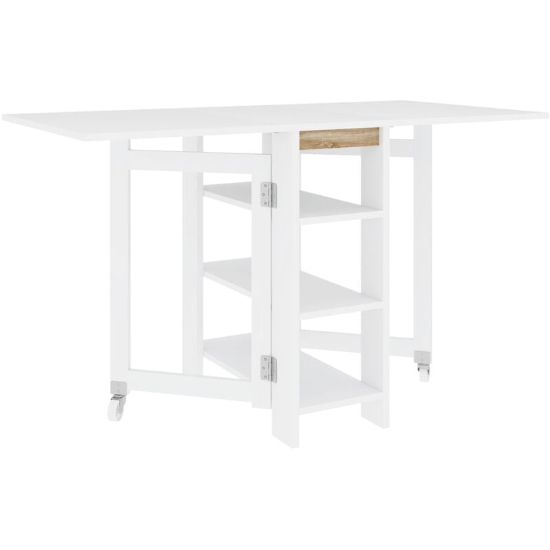 Table à manger pliable - roulettes, 2 abattants, 3 étagères - dim. 120L x 60l x 75H cm - blanc