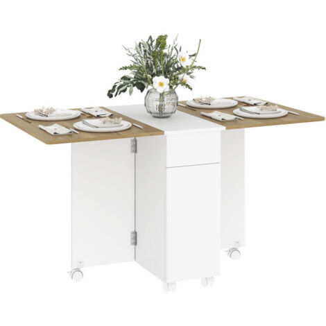 Table à manger pliable pour 6 personnes, table de cuisine sur roulettes avec 2 tiroirs 2 placards, 140x76x74cm, blanc