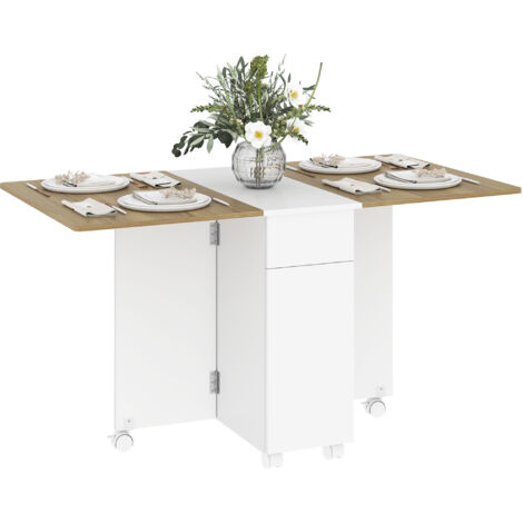 Table à manger pliable pour 6 personnes, table de cuisine sur roulettes avec 2 tiroirs 2 placards, 140x76x74cm, blanc