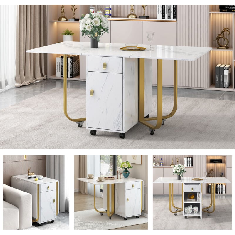 Table à manger pliante (1 pièce) avec placard et 2 tiroirs, table de cuisine pliante, table polyvalente, avec poulie (blanc+doré)