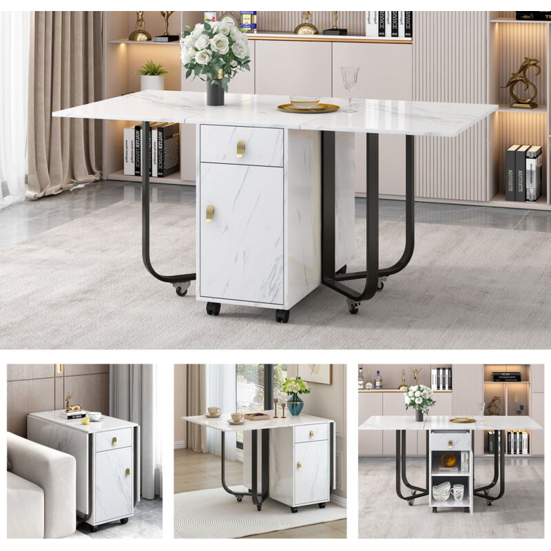 Table à manger pliante (1 pièce) avec placard et 2 tiroirs, table de cuisine pliante, table polyvalente, avec poulie (Blanc+noir)
