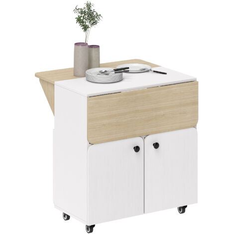 Table à manger pliante 4 personnes avec roulettes, 2 rabats, étagère et placard, 70x83x75cm, blanc