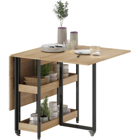 Table à manger pliante 4 personnes sur roues avec rangements ouverts, chêne, pour petits espaces