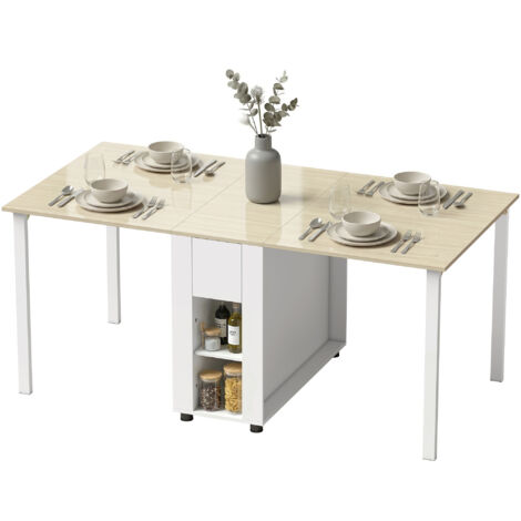 Table à manger pliante 6 personnes 39-168 cm, table cuisine 2 tiroirs 4 étagères ouvertes blanc