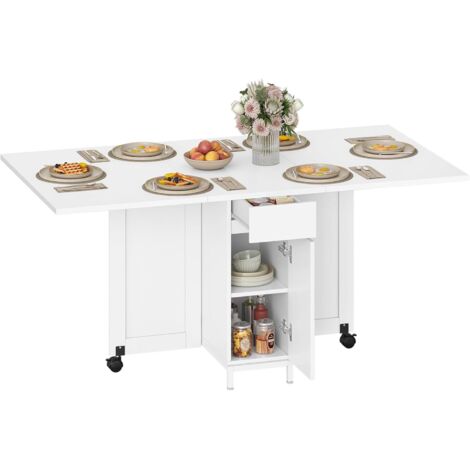 Table à Manger Pliante, avec Roues, Table de Cuisine rectangulaire Extensible et Pliante, avec des tiroirs et des étagères Ouvertes, Convient aux Petits espaces Blanc