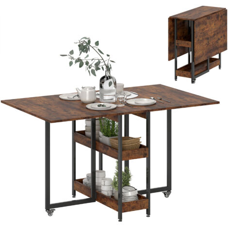 Table à manger pliante design industriel jusqu'à 4 personnes étagères ouvertes flexible métal carton marron
