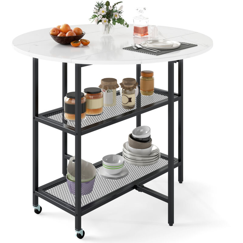 Table à Manger Pliante Mobile pour 2 à 4 Personnes, Table Pliante Ronde avec 2 Compartiments de Rangement et Roulettes Verrouillables, Blanc